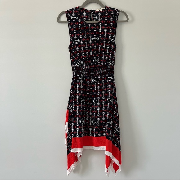 Maje Smocked Satin Horsebit Sleeveless Scarf Print Black Red Asymmetrical Hem 36 - Picture 2 of 11